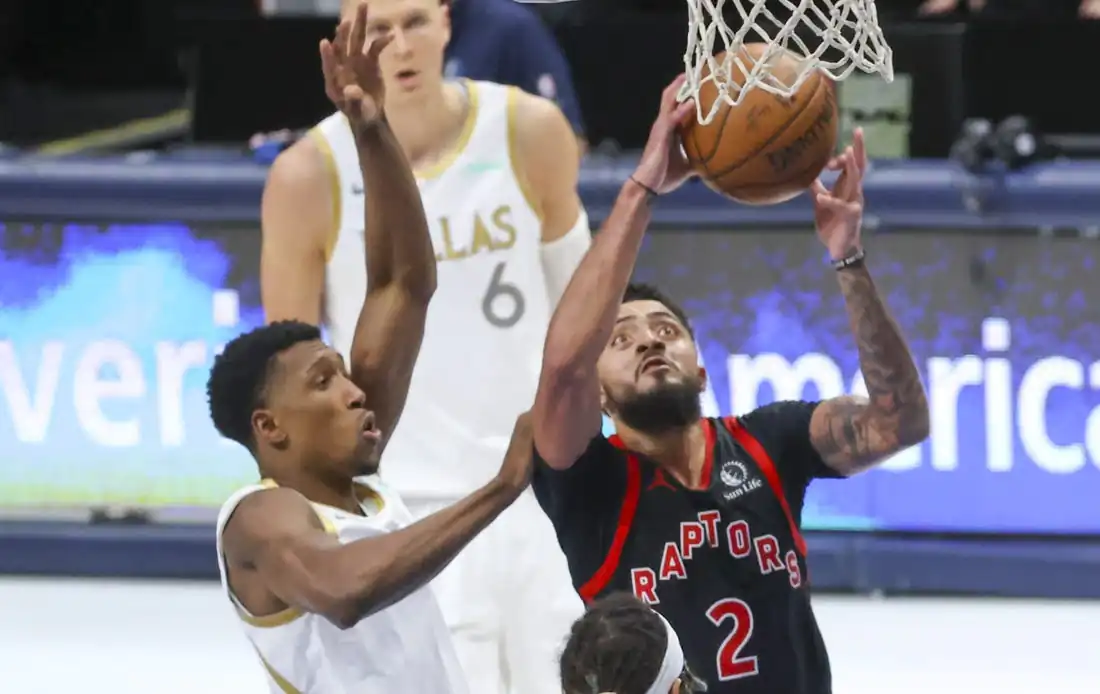 Toronto Raptors guard Jalen Harris (2) dribbles the ball past Dallas Mavericks guard Josh Richardson (0) during the third quarter at American Airlines Center in Dallas on May 14, 2021. (Kevin Jairaj/USA TODAY Sports via Field Level Media)