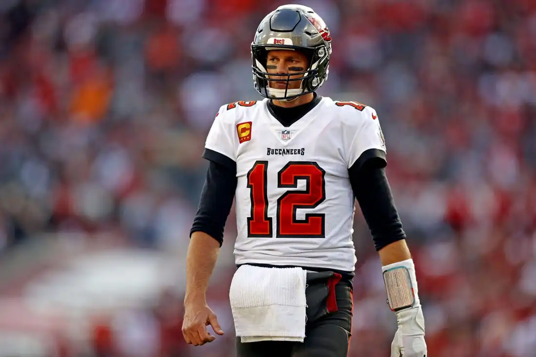 Tampa Bay Buccaneers quarterback Tom Brady (12) reacts during the first half against the Los Angeles Rams in a NFC Divisional playoff football game at Raymond James Stadium. (Nathan Ray Seebeck/USA TODAY Sports via Field Level Media)