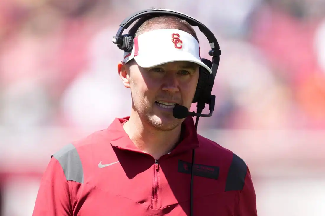 Southern California Trojans coach Lincoln Riley during the spring game at the Los Angeles Memorial Coliseum in Los Angeles, Apr. 23, 2022. (Kirby Lee/USA TODAY Sports via Field Level Media)