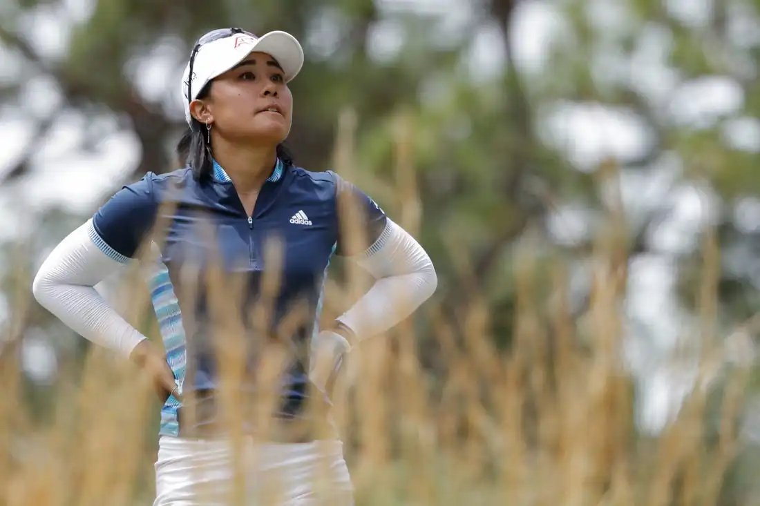 Danielle Kang reacts after hitting a tee shot on the fifth hole during the second round of the U.S. Women's Open at Southern Pines, N.C., on June 3, 2022. (Geoff Burke/USA TODAY Sports via Field Level Media)