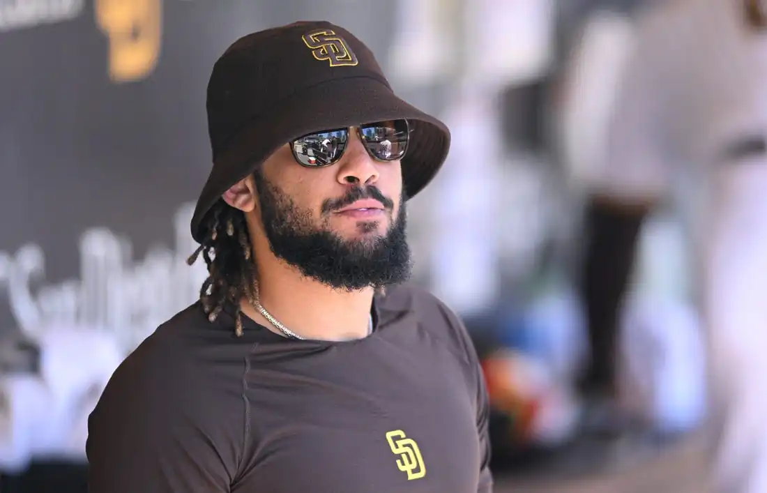 San Diego Padres shortstop Fernando Tatis Jr. (23) looks on from the dugout during the fourth inning against the Colorado Rockies at Petco Park in San Diego, Calif., on Aug 2, 2022. (Orlando Ramirez/USA TODAY Sports via Field Level Media)