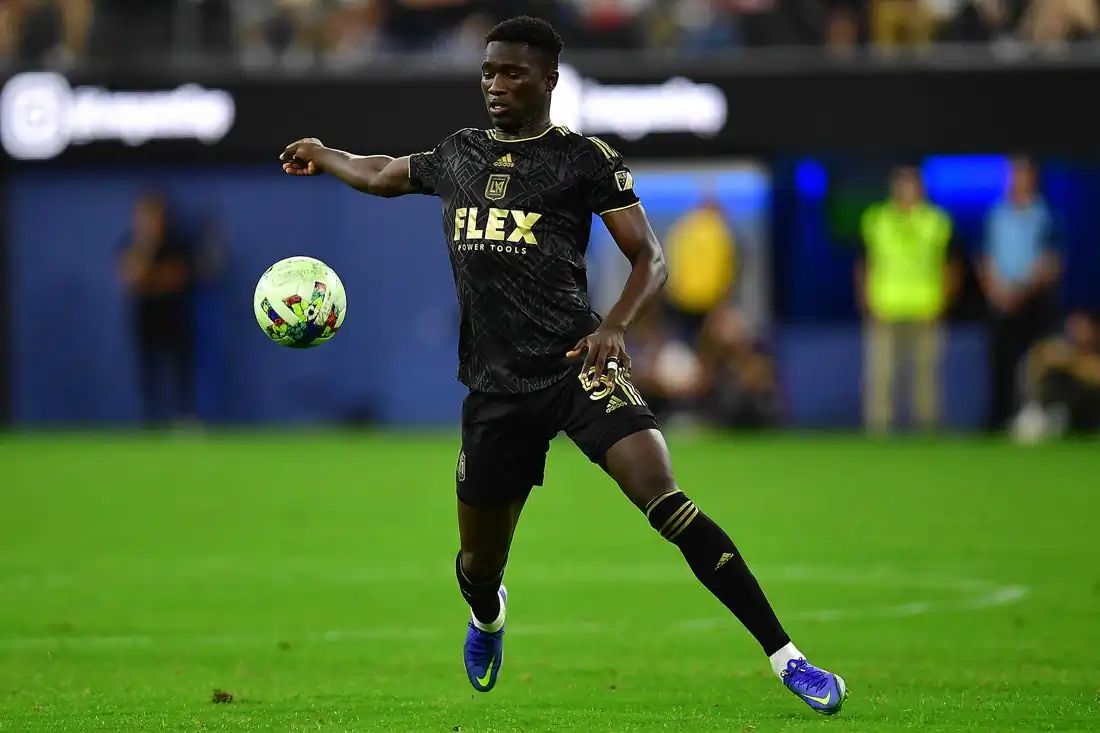 LAFC defender Mamadou Fall (5) moves the ball against Club America during the first half at SoFi Stadium Los Angeles, Aug. 3, 2022. (Gary A. Vasquez/USA TODAY Sports viaField Level Media)