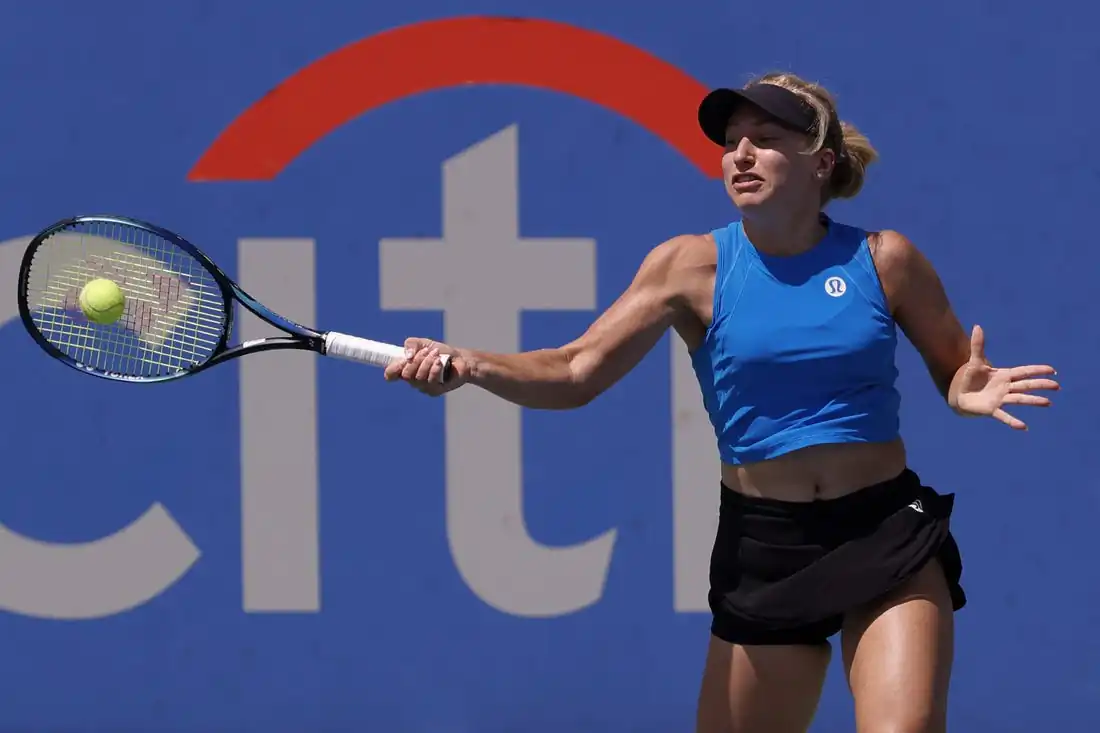 Daria Saville (AUS) hits a forehand against Kaia Kanepi (EST) (not pictured) in a women's singles semifinal on day six of the Citi Open at Rock Creek Park Tennis Center in Washington D.C., Aug. 6, 2022. (Geoff Burke/USA TODAY Sports viaField Level Media)