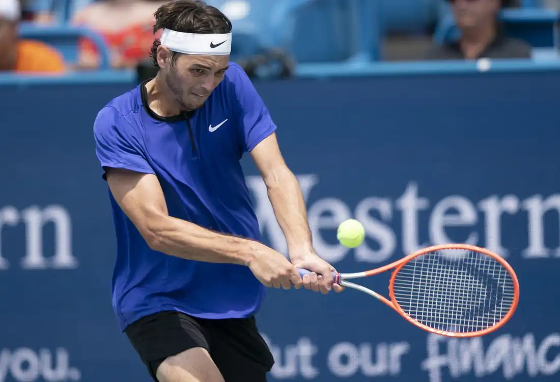 Taylor Fritz (USA) returns a shot during his match against Andrey Rublev (RUS) at the Western & Southern Open at the at the Lindner Family Tennis Center in Mason, Ohio, (Susan Mullane/USA TODAY Sports via Field Level Media)