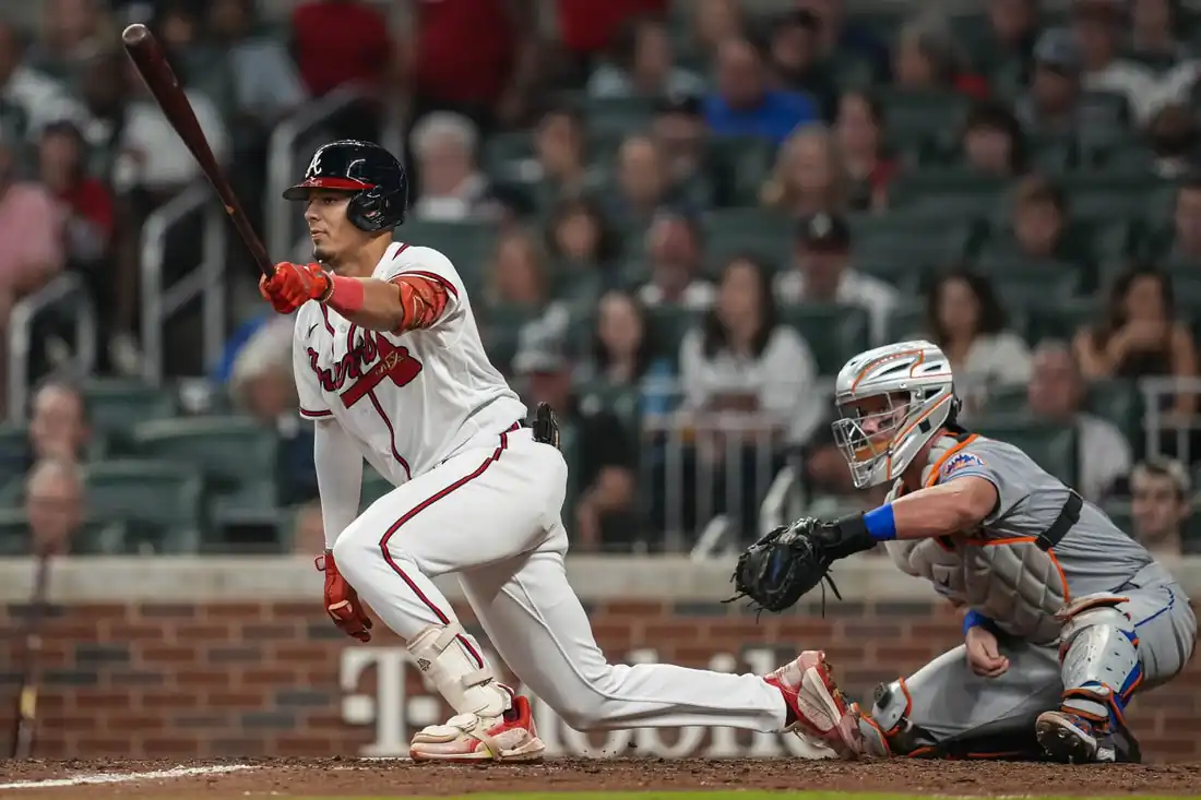Atlanta Braves second baseman Vaughn Grissom (18) hits an infield single against the New York Mets during the seventh inning at Truist Park in Atlanta. (Dale Zanine-USA TODAY Sports via Field Level Media)