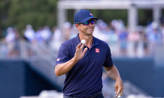 Adam Scott reacts after his birdie putt on the sixth hole during the second round of the BMW Championship golf tournament, Wilmington, Del., Aug 19, 2022. (Bill Streicher-USA TODAY Sports via Field Level Media)