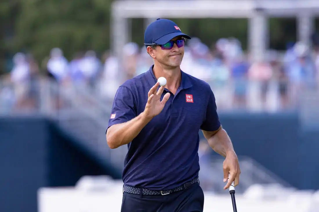 Adam Scott reacts after his birdie putt on the sixth hole during the second round of the BMW Championship golf tournament, Wilmington, Del., Aug 19, 2022. (Bill Streicher-USA TODAY Sports via Field Level Media)