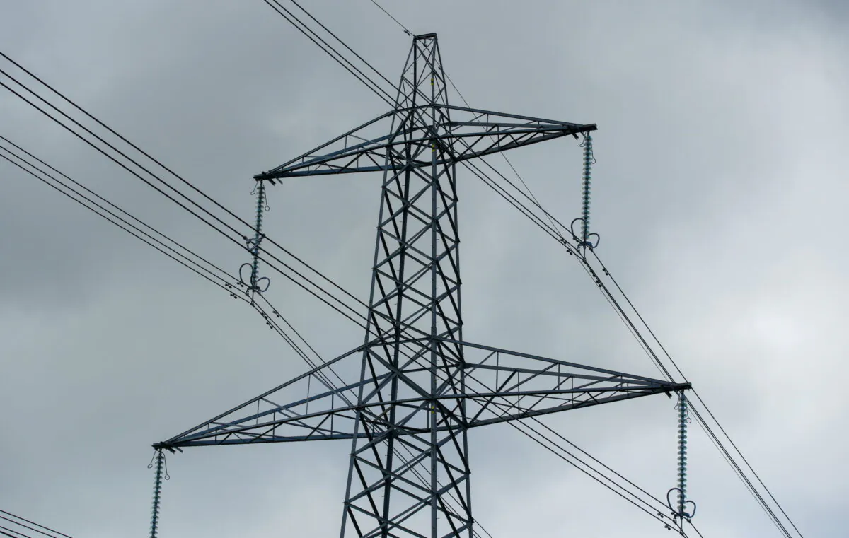 A photo of an electricity pylon in Cheshire in the north of England, taken on Oct. 11, 2021 (PA)