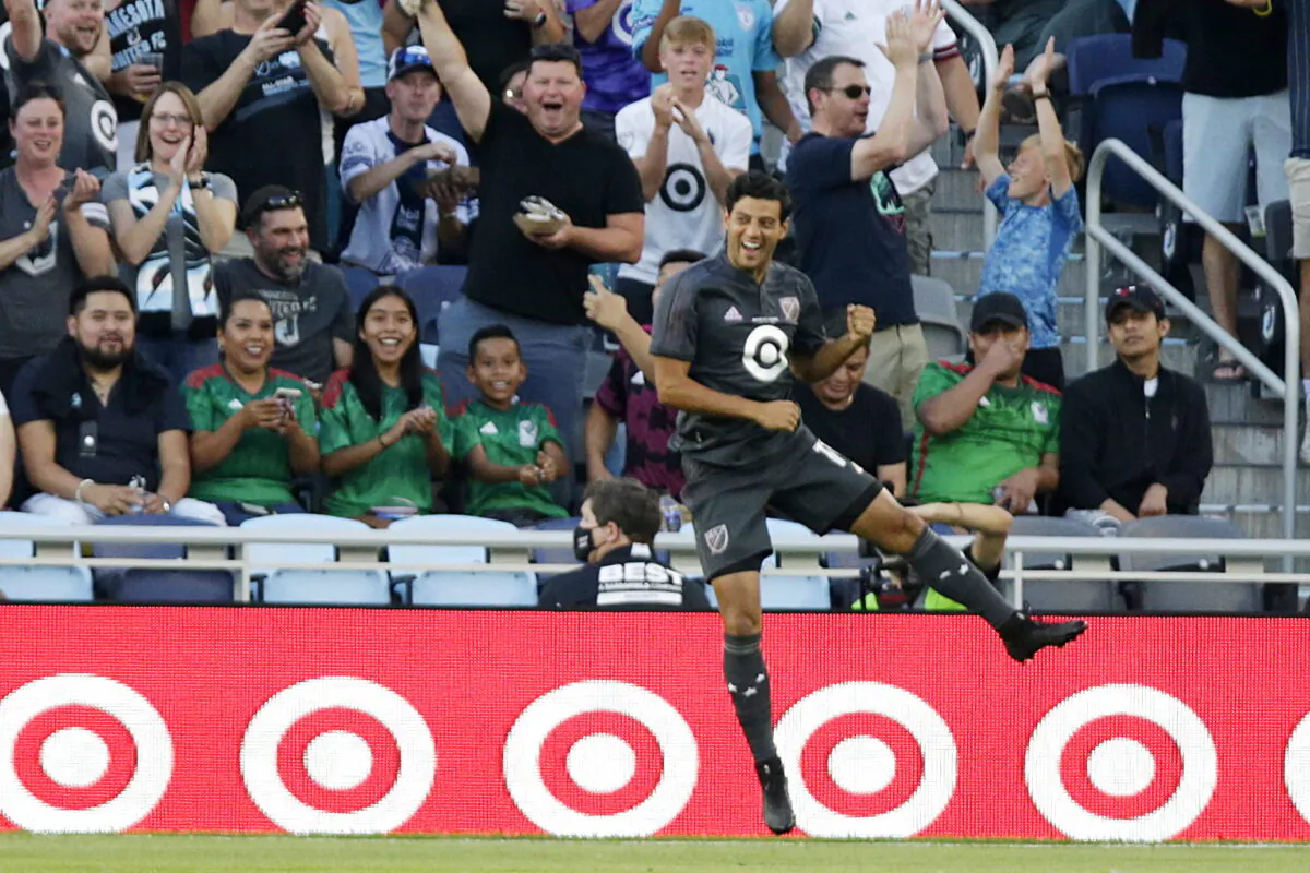MLS All-Star Carlos Vela celebrates his goal during the first half of the MLS All-Star soccer match against Liga MX All-Stars in St. Paul, Minn., on Aug. 10, 2022. (Andy Clayton-King/AP Photo)