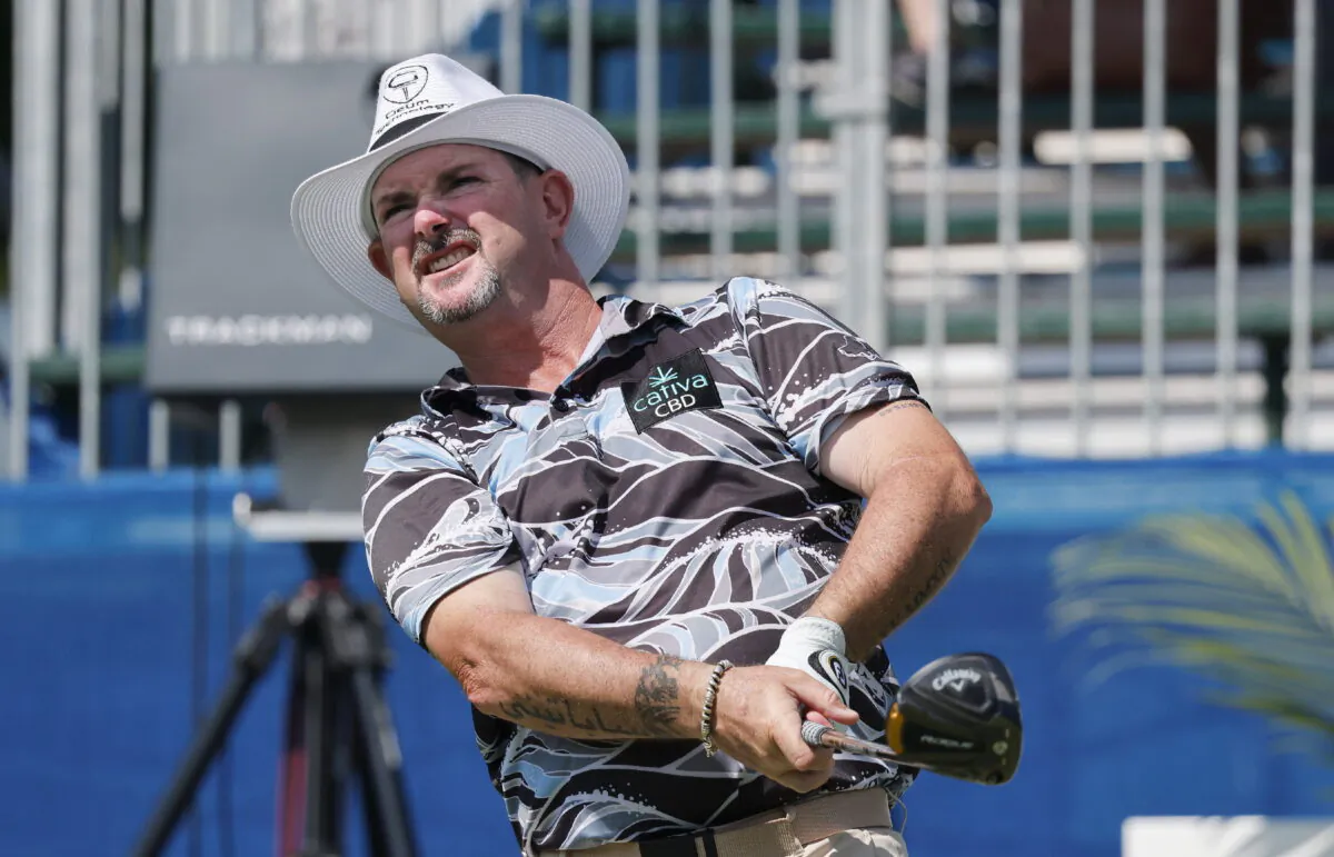 Rory Sabbatini hits his tee shot on the tenth hole during the first round of the Wyndham Championship golf tournament in Greensboro, N.C., on Aug. 4, 2022. (Reinhold Matay/AP Photo)