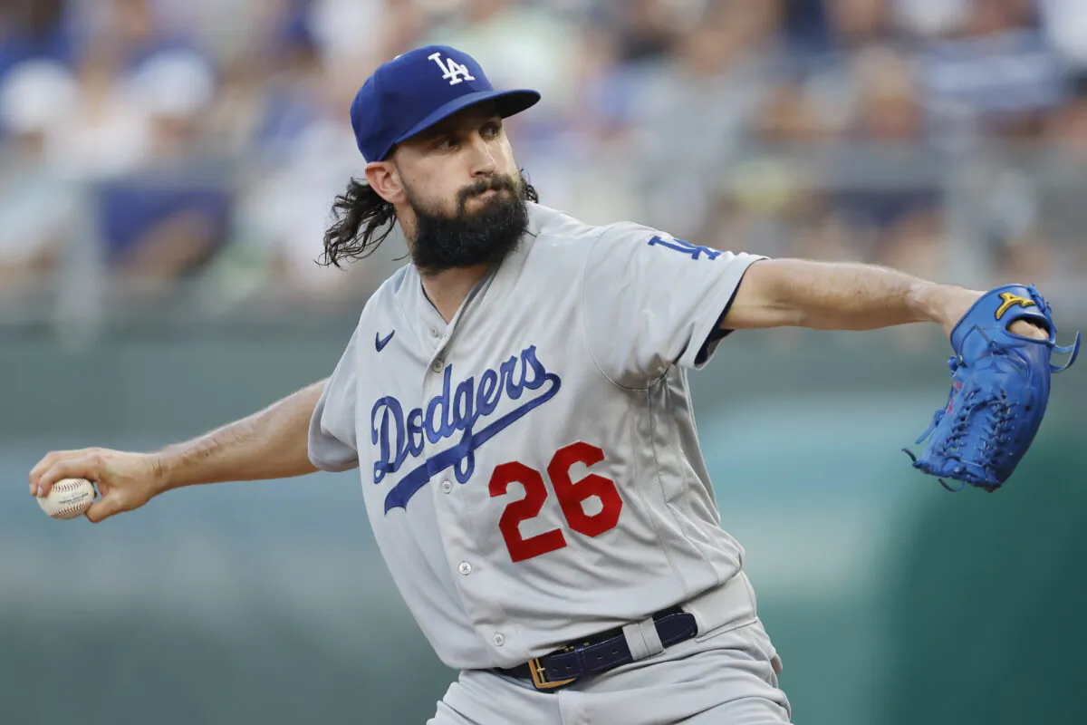 Los Angeles Dodgers pitcher Tony Gonsolin throws to a Kansas City Royals batter during the first inning of a baseball game in Kansas City, Mo., Aug. 12, 2022. (Colin E. Braley/AP Photo)