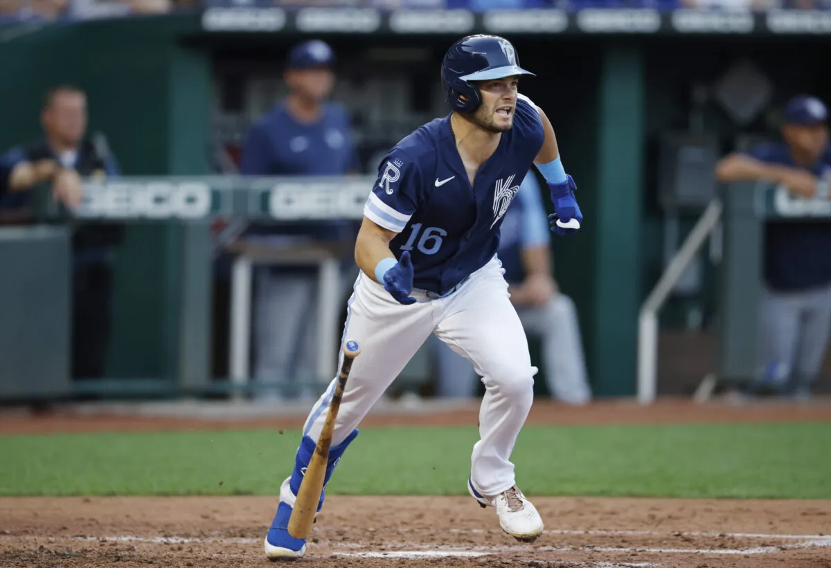 Kansas City Royals' Andrew Benintendi leaves the batter's box on an RBI single during the third inning of the team's baseball game against the Tampa Bay Rays in Kansas City, Mo., Friday, July 22, 2022. (Colin E. Braley/AP Photo)
