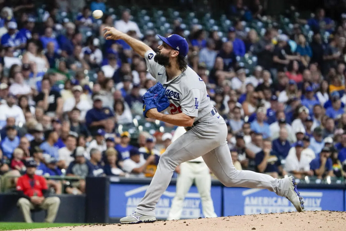 Los Angeles Dodgers starting pitcher Tony Gonsolin throws during the first inning of a baseball game against the Milwaukee Brewers in Milwaukee on Aug. 17, 2022. (Morry Gash/AP Photo)
