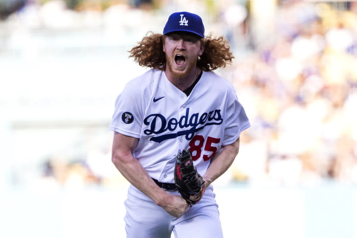 Los Angeles Dodgers starting pitcher Dustin May reacts on the mound after striking out Miami Marlins' Nick Fortes, with the bases loaded, during the first inning of a baseball game in Los Angeles, Aug. 20, 2022. (Alex Gallardo/AP Photo)