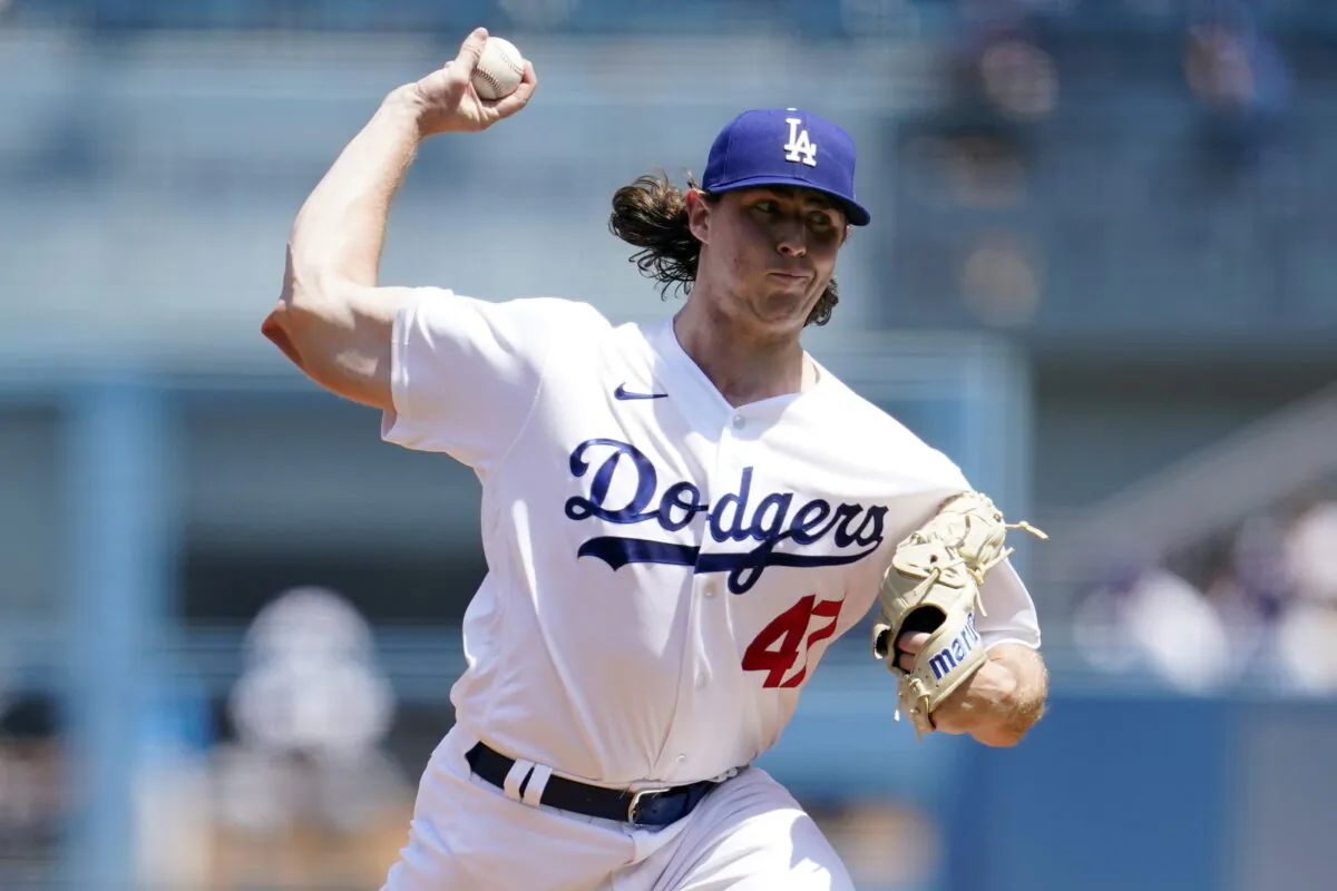 Los Angeles Dodgers starting pitcher Ryan Pepiot throws to a Miami Marlins batter during the first inning of a baseball game in Los Angeles, Aug. 21, 2022. (Marcio Jose Sanchez/AP Photo)