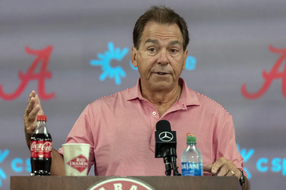 Alabama head coach Nick Saban speaks with the media during NCAA college football media day in Tuscaloosa, Ala., Aug. 7, 2022. (Vasha Hunt/AP Photo)