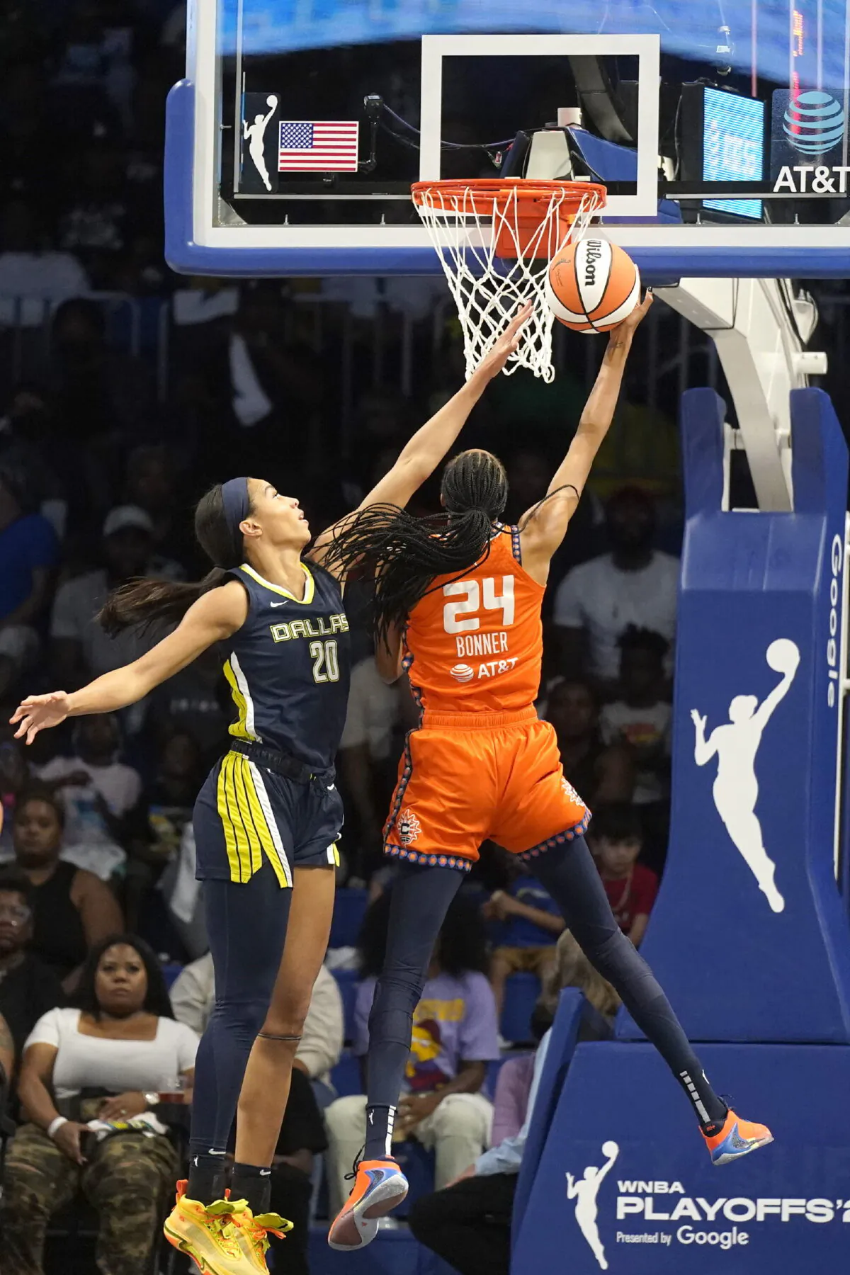 Connecticut Sun forward DeWanna Bonner (24) shoots against Dallas Wings forward Isabelle Harrison (20) during the first quarter of Game 3 of a WNBA first-round playoff series basketball game in Arlington, Texas, Aug. 24, 2022. (LM Otero/AP Photo)