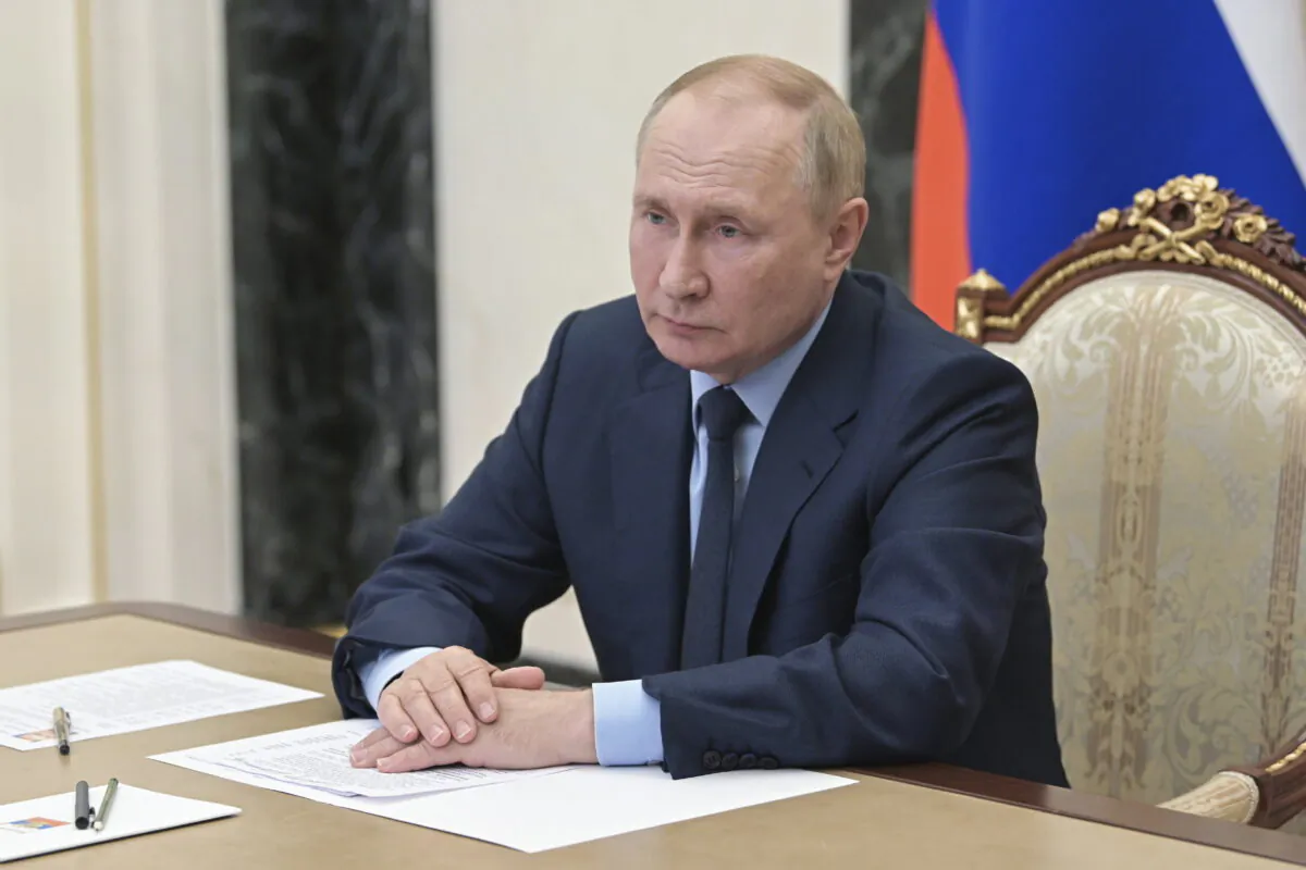 Russian President Vladimir Putin attends a meeting via teleconference call in Moscow on Aug. 22, 2022. (Pavel Byrkin/Sputnik/Kremlin Pool Photo via AP)