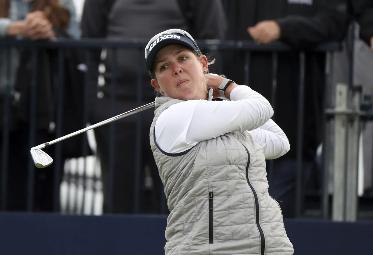 South Africa's Ashleigh Buhai plays her tee shot from the 13th during the final round of the Women's British Open golf championship, in Muirfield, Scotland, on 
 Aug. 7, 2022. (Scott Heppell/AP Photo)