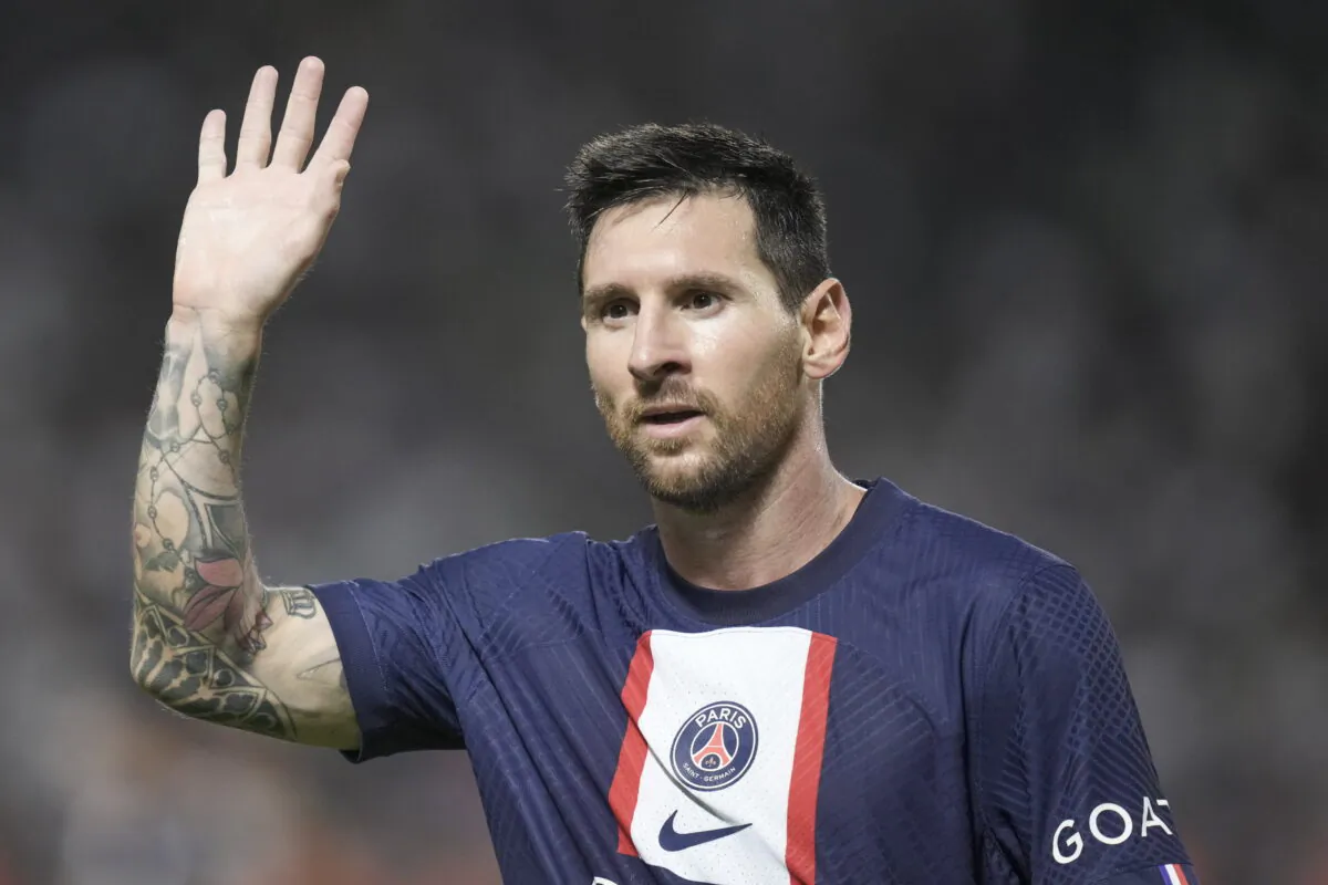 PSG's Lionel Messi waves during the French Super Cup final soccer match between Nantes and Paris Saint-Germain at Bloomfield Stadium in Tel Aviv, Israel, on July 31, 2022. (Ariel Schalit/AP Photo)