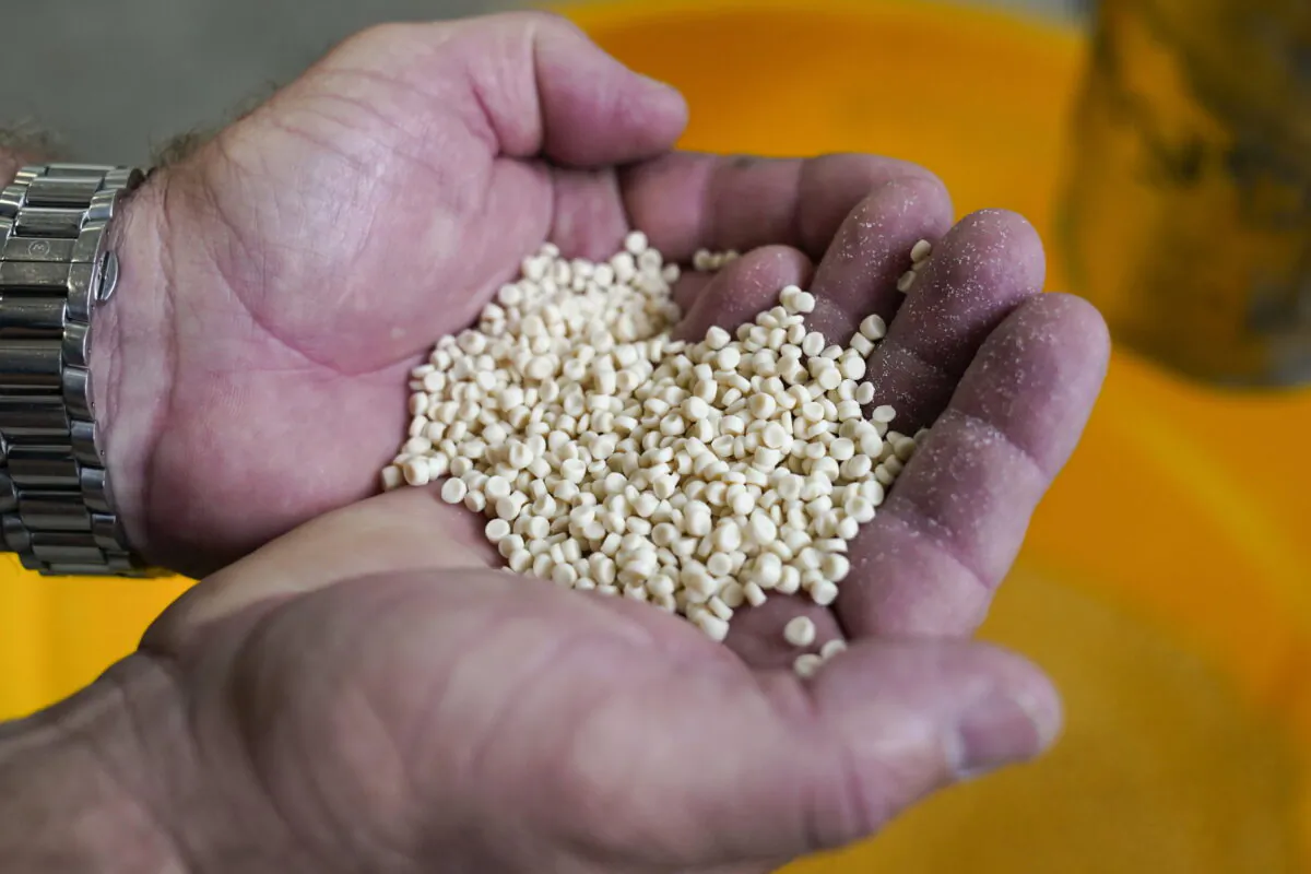 Kevin Welsh holds up PHA pellets at the Danimer Scientific plant, on Aug. 3, 2022, in Winchester, Ky. Companies are investing billions of dollars to ramp up production of plastics made from natural, renewable materials that can be safely composted or can biodegrade under the right conditions. Danimer Scientific is one of the companies making a big bet on bioplastic with its expansion of a plant. (AP Photo/Jeff Dean)