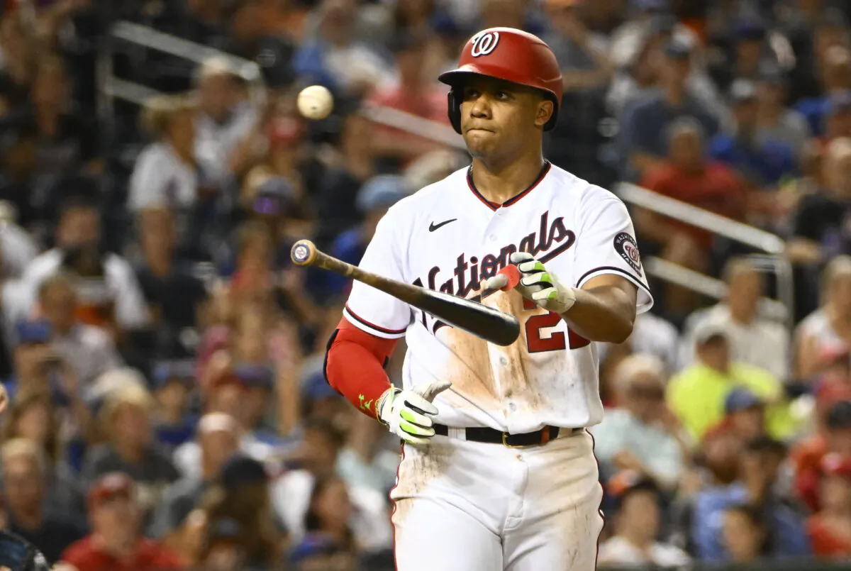 Washington Nationals right fielder Juan Soto (22) reacts after drawing a walk during the fifth inning against the New York Mets at Nationals Park in Washington on Aug 1, 2022. (Brad Mills/USA TODAY Sports via Field Level Media)