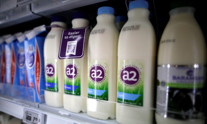 A2 milk on a supermarket shelf in Singapore on April 16, 2018. (Thomas White/Reuters)