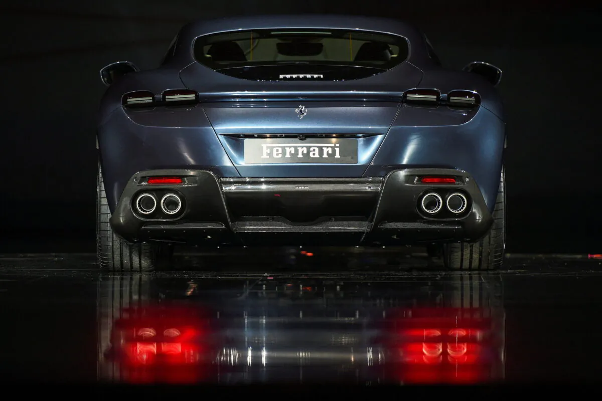 Ferrari Roma is unveiled during its first world presentation in Rome, Italy, on Nov. 14, 2019. (Guglielmo Mangiapane/Reuters)