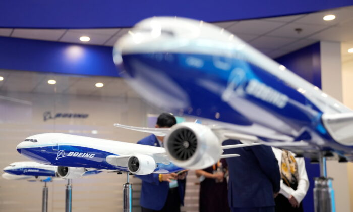 A model of Boeing 777 airliner is seen displayed at the Airshow China, in Zhuhai, Guangdong province, China, on Sept. 28, 2021. (Aly Song/Reuters)