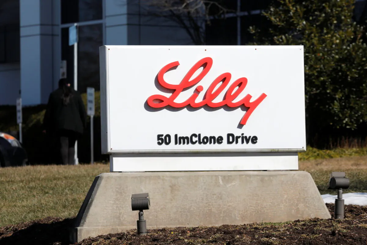 A sign is pictured outside an Eli Lilly and Company pharmaceutical manufacturing plant at 50 ImClone Drive in Branchburg, New Jersey, on March 5, 2021. (Mike Segar/Reuters)