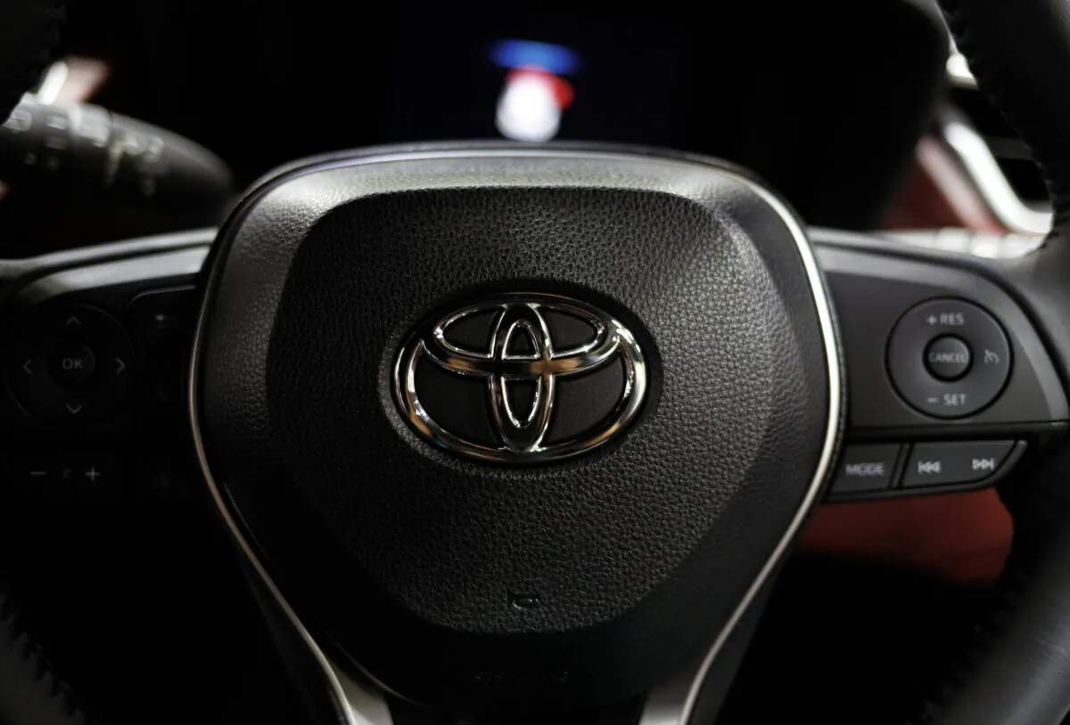 The Toyota emblem on the tyre rim of a vehicle during the media day of the 41st Bangkok International Motor Show in Bangkok, Thailand, on July 14, 2020. (Jorge Silva/Reuters)