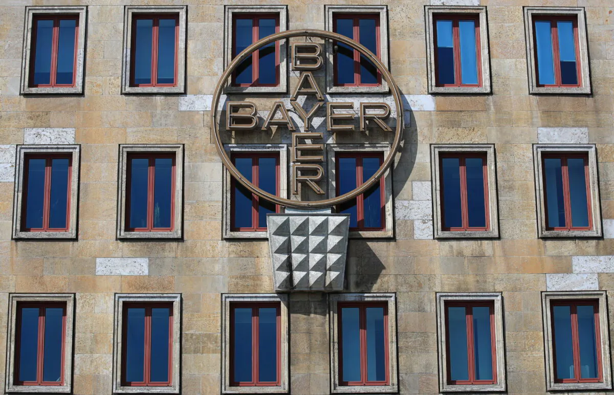 The logo of Bayer AG is pictured on the facade of the historical headquarters of the German pharmaceutical and chemical maker in Leverkusen, Germany, on April 27, 2020. (Wolfgang Rattay/Reuters)