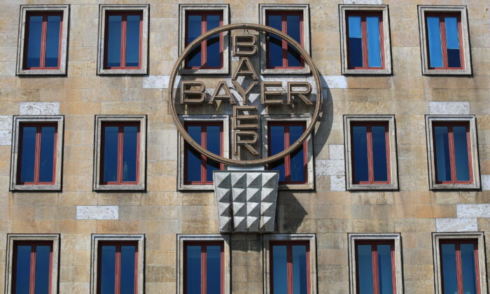 The logo of Bayer AG is pictured on the facade of the historical headquarters of the German pharmaceutical and chemical maker in Leverkusen, Germany, on April 27, 2020. (Wolfgang Rattay/Reuters)
