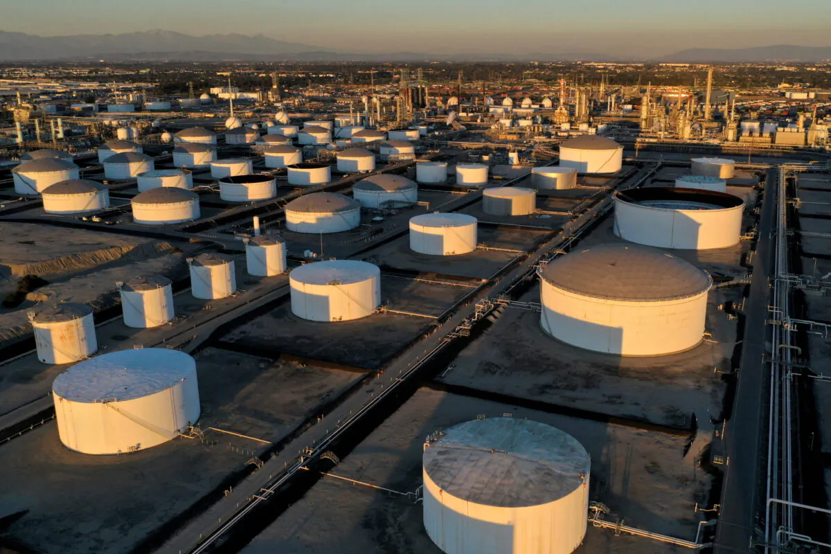 Storage tanks are seen at Marathon Petroleum's Los Angeles Refinery, which processes domestic and imported crude oil into California Air Resources Board (CARB) gasoline, CARB diesel fuel, and other petroleum products, in Carson, Calif., on Mar. 11, 2022. Picture taken with a drone. (Reuters/Bing Guan/File Photo)