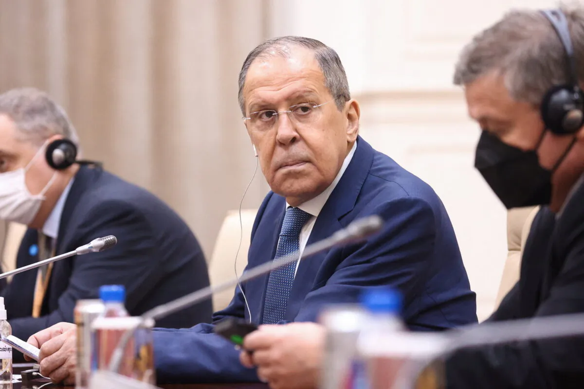 Russia's Foreign Minister Sergei Lavrov attends a meeting with Cambodia's Prime Minister Hun Sen in Phnom Penh, Cambodia, on Aug. 4, 2022. (Russian Foreign Ministry/Handout via Reuters)