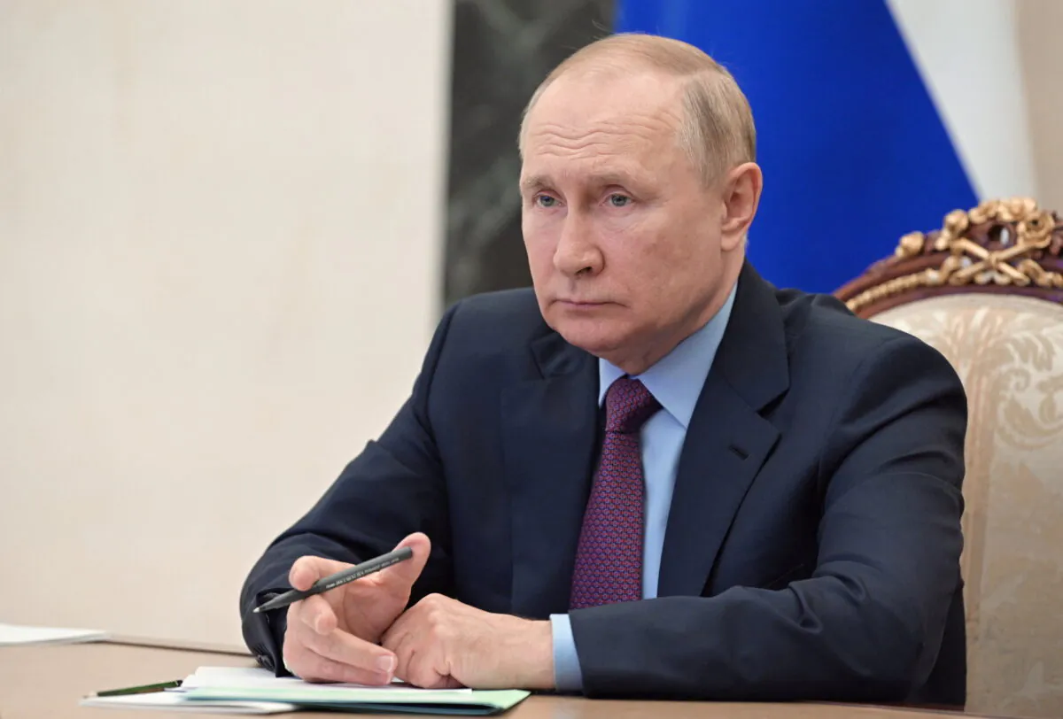 Russian President Vladimir Putin chairs a meeting on the development of the country's metallurgical sector, via a video link at the Kremlin in Moscow, Russia, on Aug. 1, 2022. (Sputnik/Pavel Byrkin/Kremlin via Reuters)