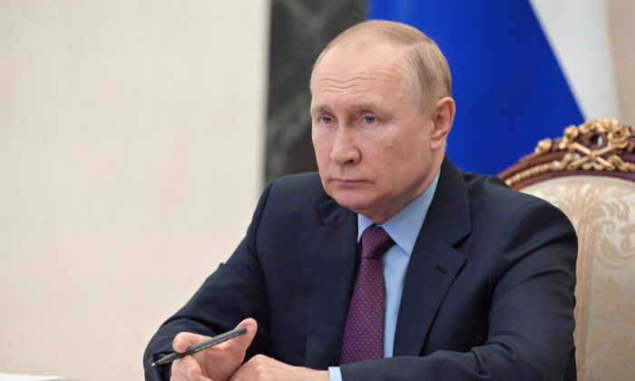 Russian President Vladimir Putin chairs a meeting on the development of the country's metallurgical sector, via a video link at the Kremlin in Moscow, Russia, on Aug. 1, 2022. (Sputnik/Pavel Byrkin/Kremlin via Reuters)