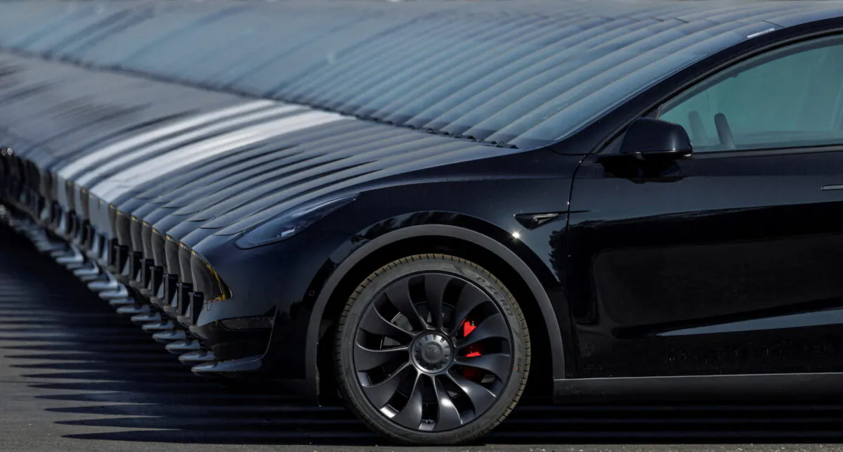 Tesla cars parked at the construction site of the new Tesla Gigafactory for electric cars in Gruenheide, Germany, on March 20, 2022. (Hannibal Hanschke/Reuters)