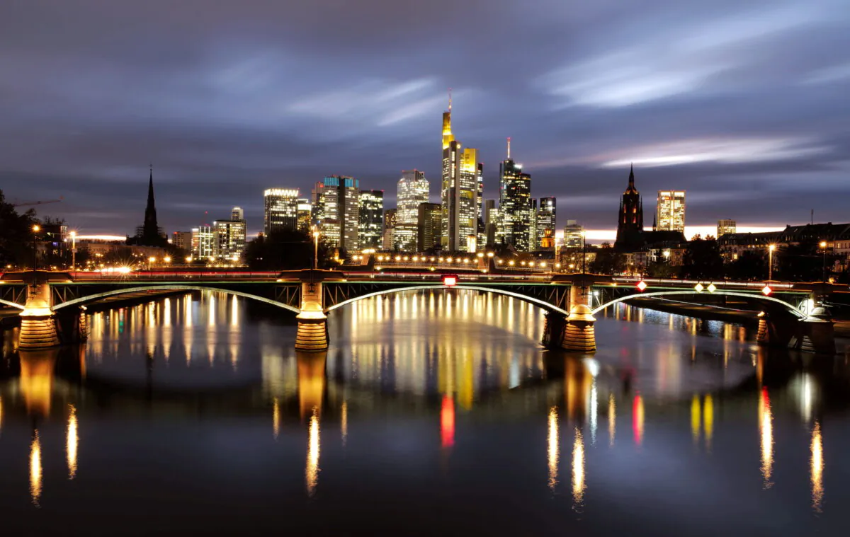 The skyline with its financial district is photographed during sunset as the spread of the coronavirus disease (COVID-19) continues in Frankfurt, Germany, on Nov. 1, 2020. (Kai Pfaffenbach/Reuters)