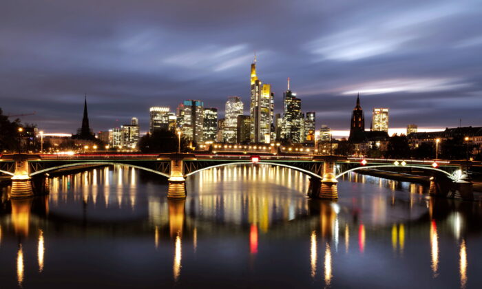 The skyline with its financial district is photographed during sunset as the spread of the coronavirus disease (COVID-19) continues in Frankfurt, Germany, on Nov. 1, 2020. (Kai Pfaffenbach/Reuters)
