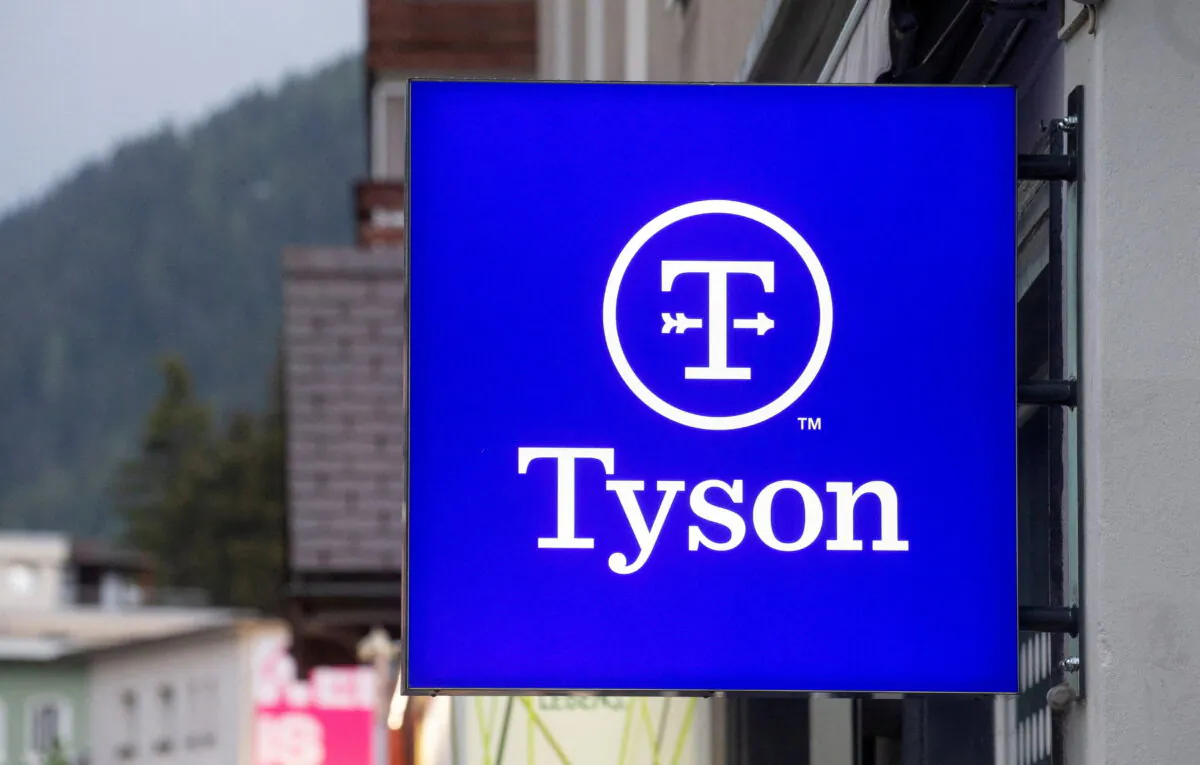 The logo of Tyson Foods in Davos, Switzerland, on May 22, 2022. (Arnd Wiegmann/Reuters)