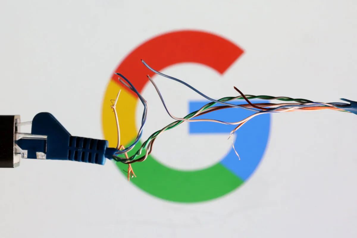 Broken Ethernet cable in front of Google logo in this illustration taken on March 11, 2022. (Dado Ruvic/Illustration/Reuters)