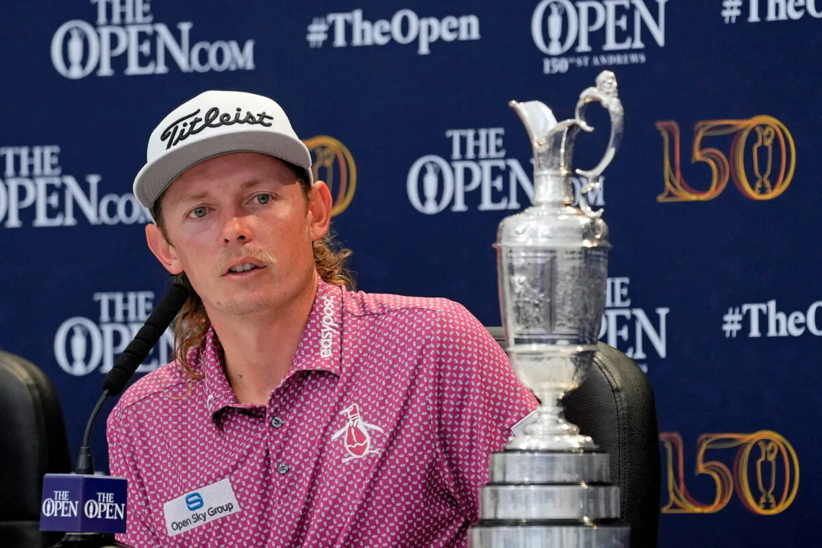 Cameron Smith talks to media during a press conference after winning the 150th Open Championship golf tournament at St. Andrews Old Course. (Michael Madrid/USA TODAY Sports)