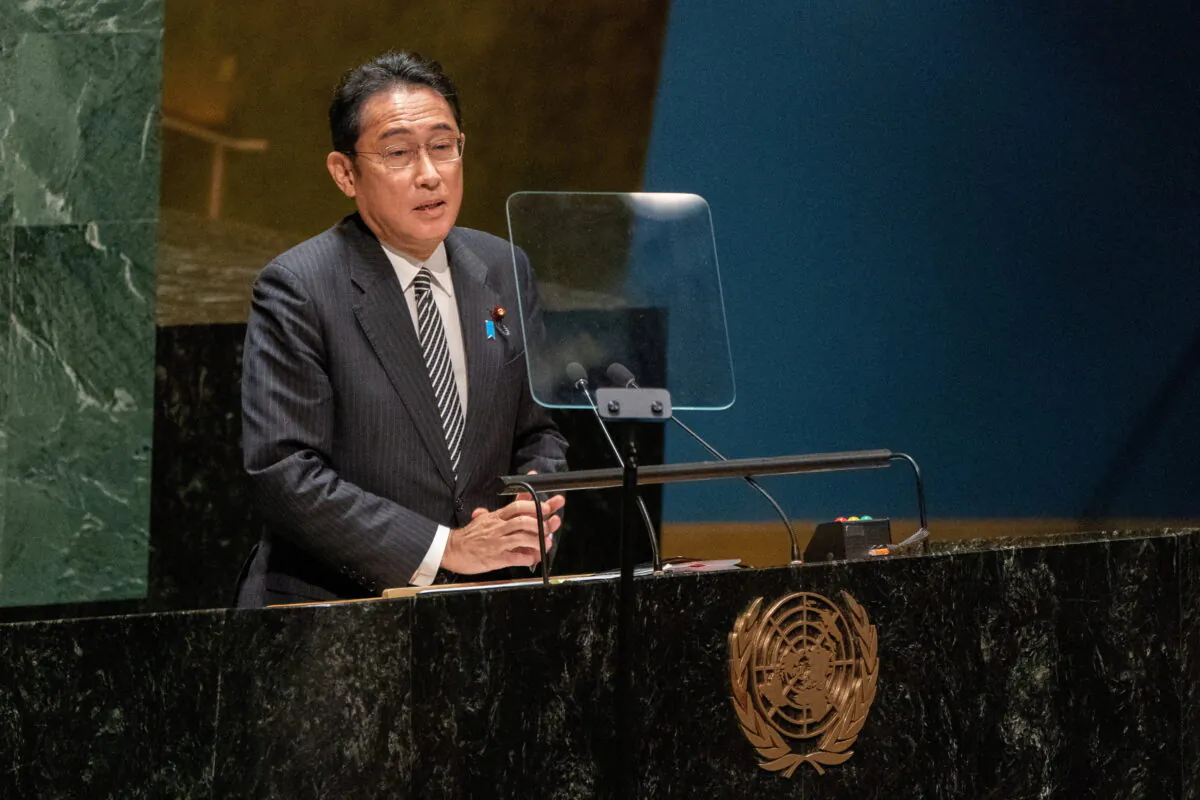 Prime Minister of Japan Fumio Kishida addresses the U.N. General Assembly during the Nuclear Non-Proliferation Treaty review conference in New York on Aug. 1, 2022. (David 'Dee' Delgado/Reuters)