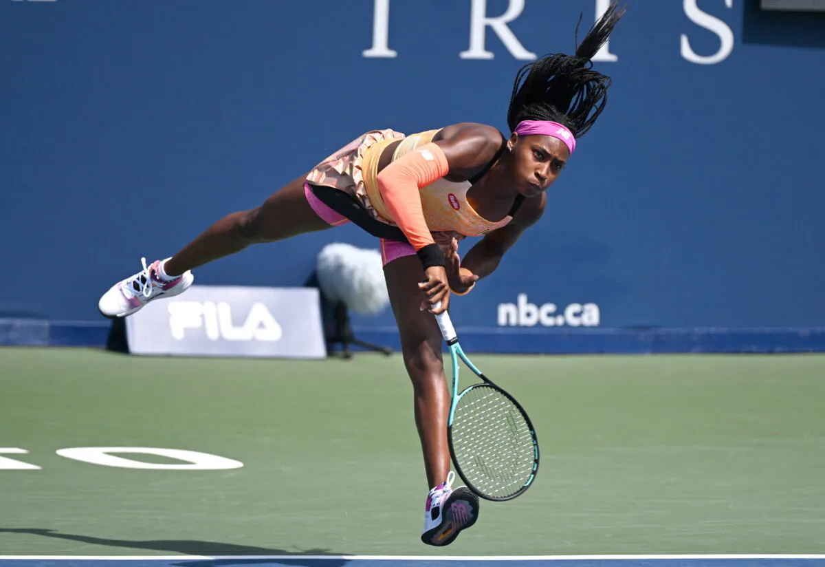 Coco Gauff of the United States serves against Elena Rybakina of Kazakhstan (not pictured) at Sobeys Stadium in North York, Ontario, Canada, on Aug. 10, 2022. (Dan Hamilton/USA TODAY Sports via Reuters)