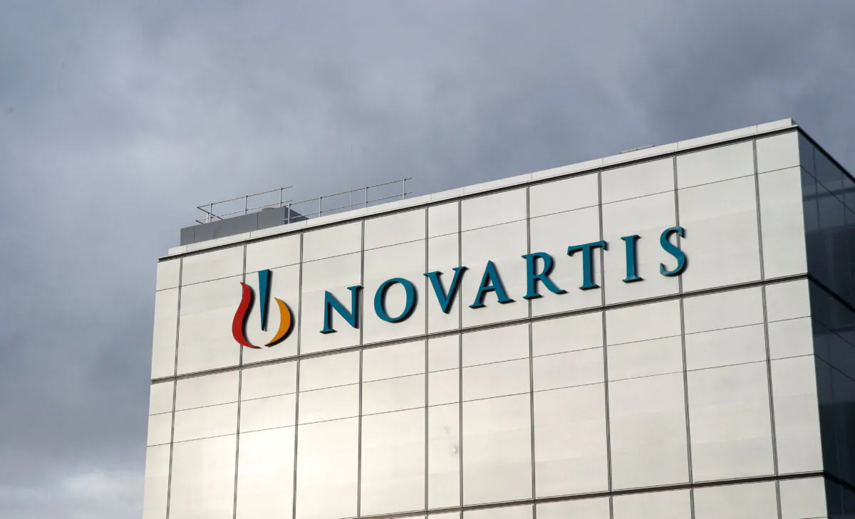 The company's logo is seen at the new cell and gene therapy factory of Swiss drugmaker Novartis in Stein, Switzerland, on Nov. 28, 2019. (Arnd Wiegmann/Reuters)