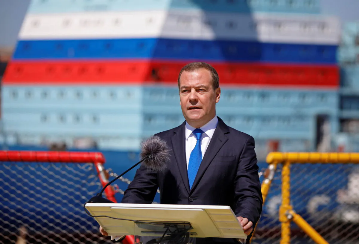 Dmitry Medvedev, deputy chairman of Russia's Security Council, delivers a speech during a ceremony marking Shipbuilder's Day in Saint Petersburg, Russia, on June 29, 2022. (Sputnik/Valentin Yegorshin/Pool via Reuters)
