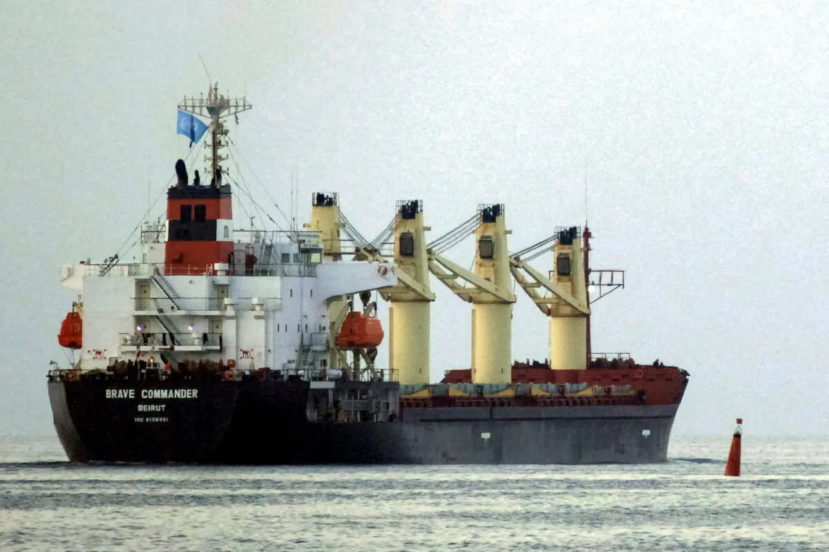 The Lebanese-flagged bulk carrier Brave Commander leaves the sea port of Pivdennyi with wheat for Ethiopia after restarting grain export from Odesa,  Ukraine, on Aug. 16, 2022. (Igor Tkachenko/Reuters)