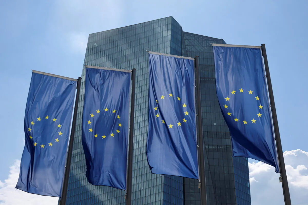European flags are seen in front of the European Central Bank (ECB) building, in Frankfurt, Germany, on July 21, 2022. (Wolfgang Rattay/Reuters)