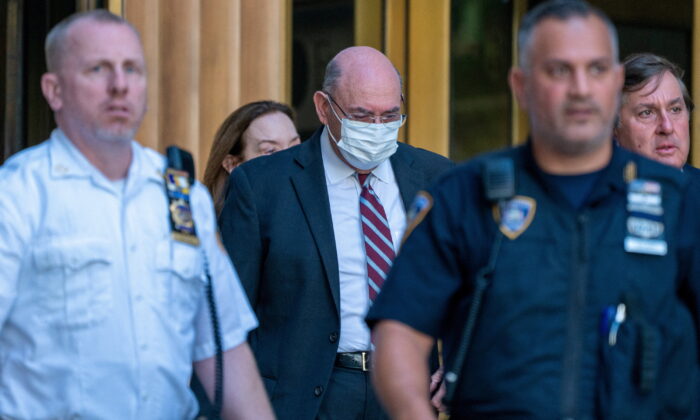 Allen Howard Weisselberg, former Trump Organization CFO, departs criminal court after a hearing for his tax evasion case in New York on Aug. 12, 2022. (David 'Dee' Delgado/Reuters)